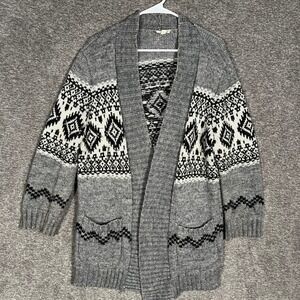 J Jill Women's Medium Gray Fair Isle Open Front Knit Cardigan Sweater